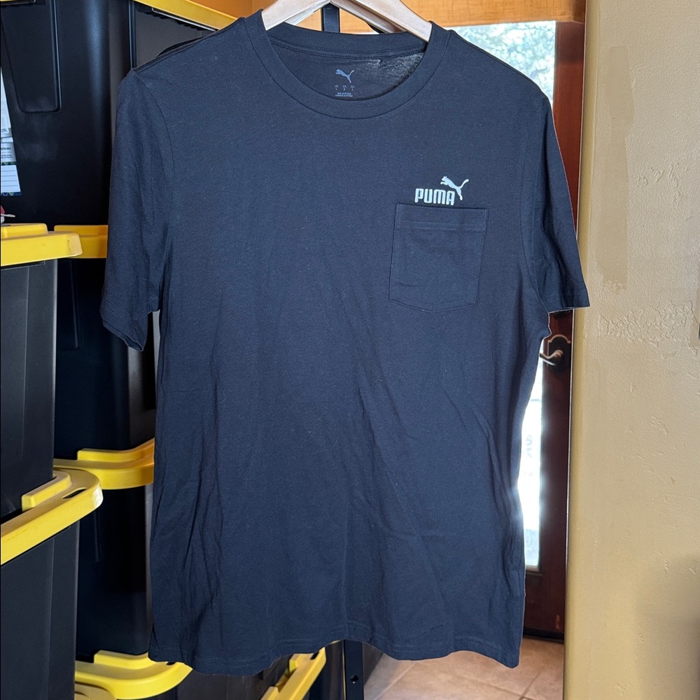 Puma Men’s Black Pocket Tee White Logo Crew Neck T-Shirt Size Large 100% Cotton - Picture 4 of 8